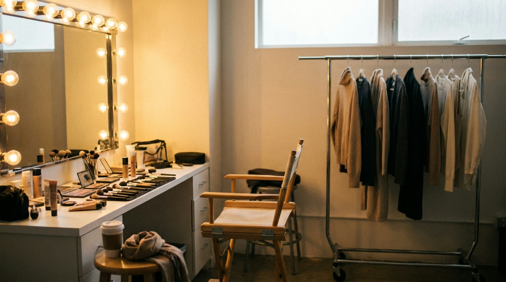 Alina ties her hair up at the backstage vanity, rises, and leaves the chair empty